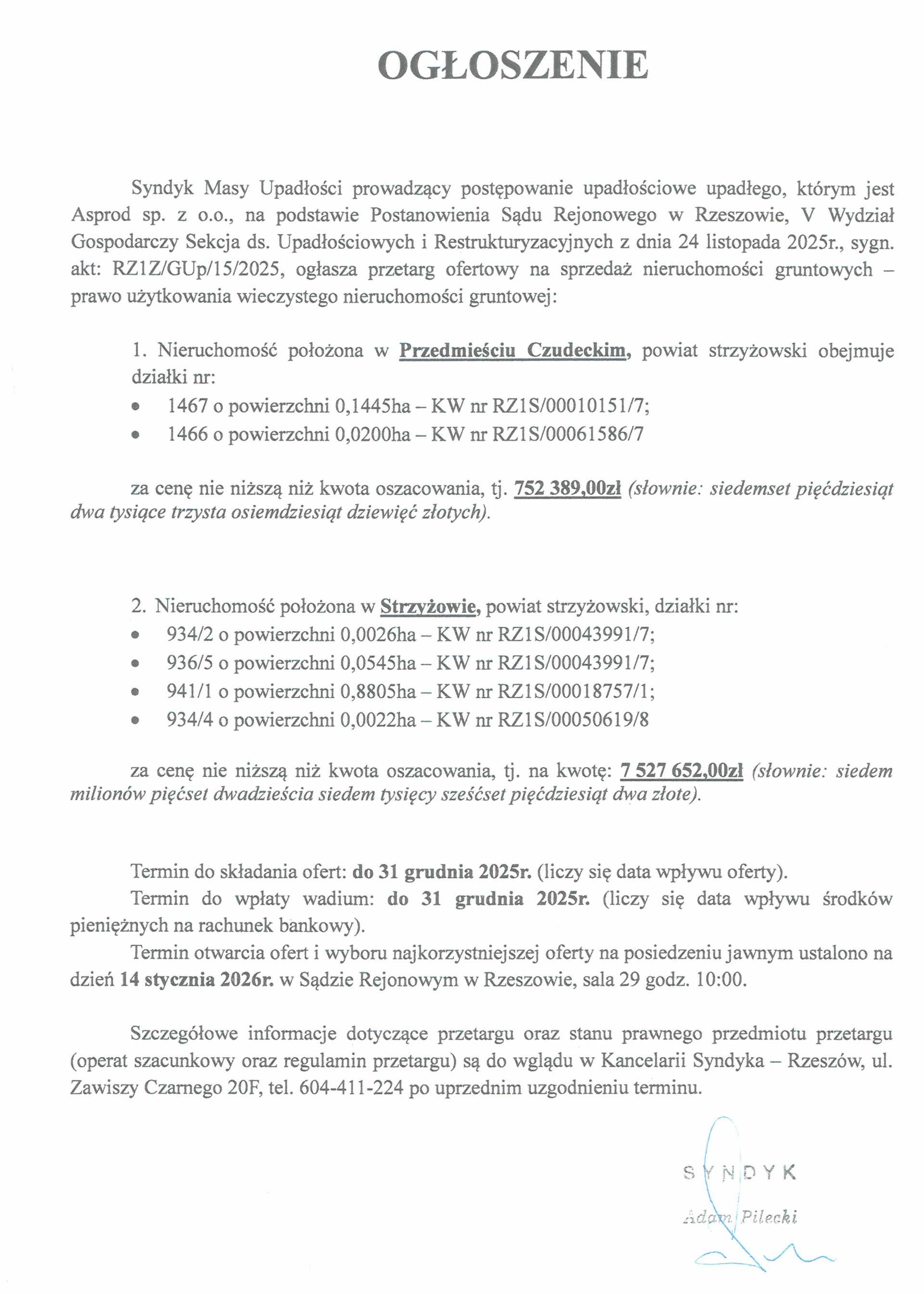 Ogłoszenie Syndyka Masy Upadłości Asprod sp. s o.o. o przetargu ofertowym na sprzedaż nieruchomości gruntowych